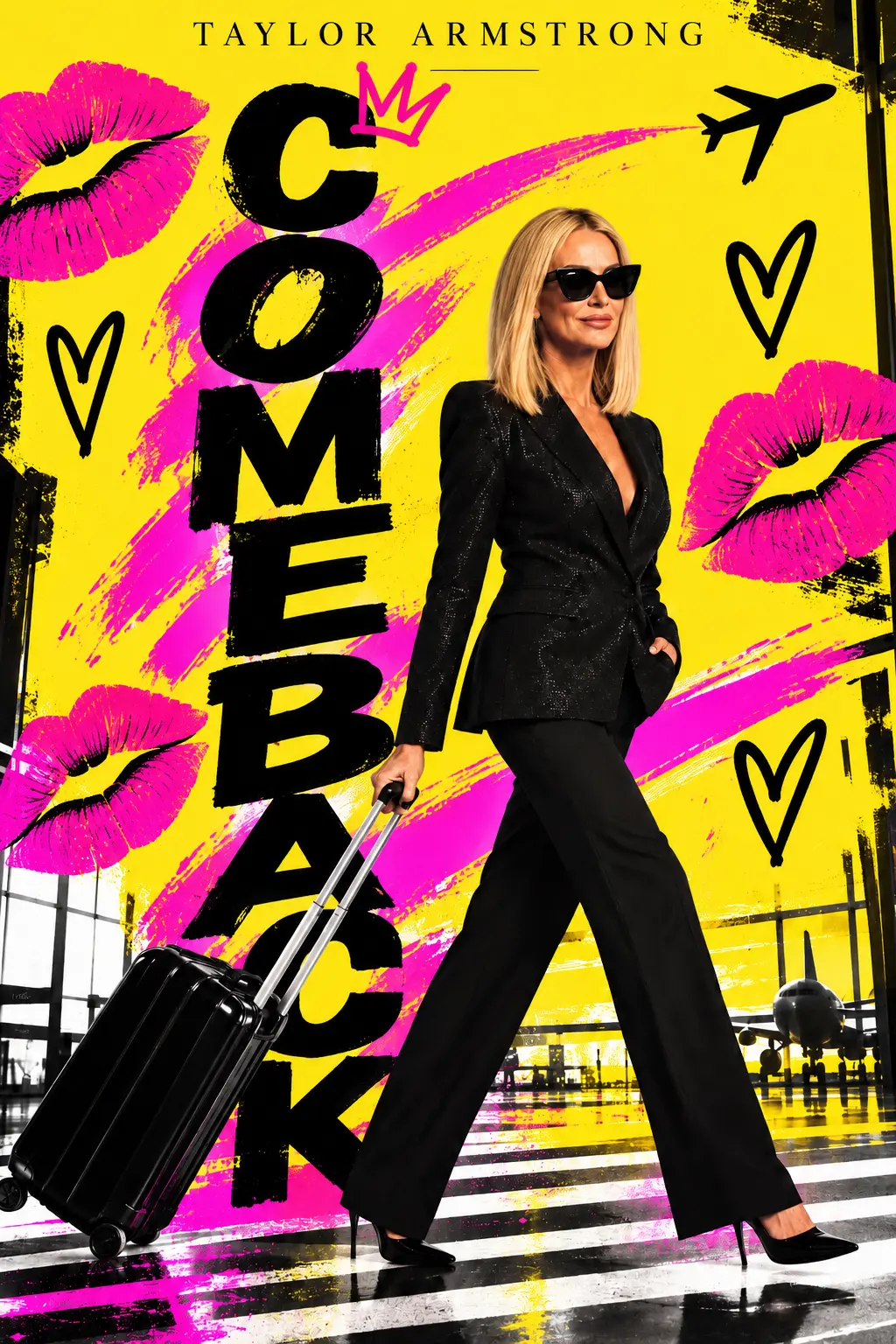 Taylor walking through an airport with a suitcase
